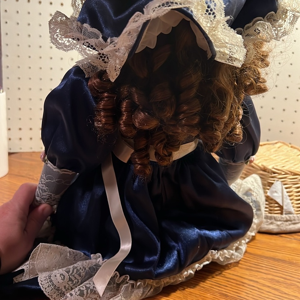 Beautiful Porcelain Doll in Blue Dress and lace with hat and purse - Picture 5 of 6